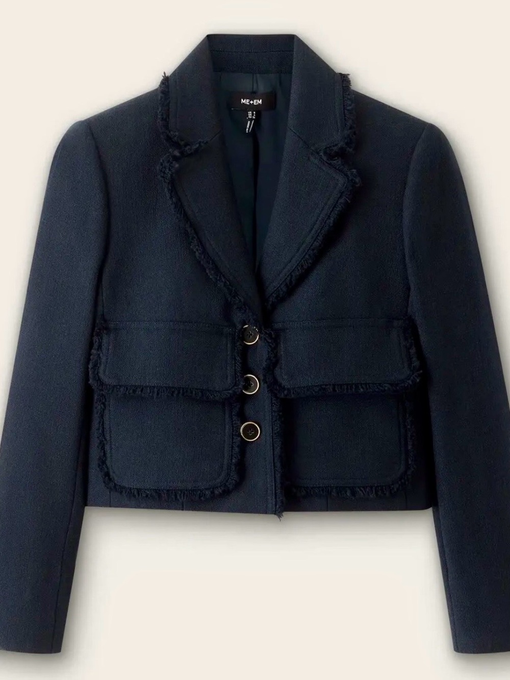 ME+EM Navy Textured Cotton-Blend Cropped Jacket Tassel Detail US 2 UK 6